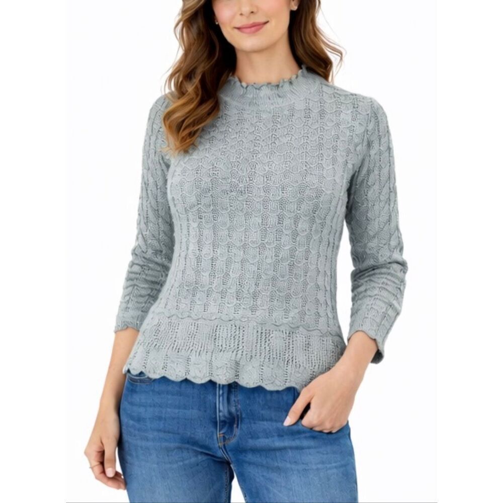 Fat Face UK green pointelle alpaca blend scalloped sweater 6